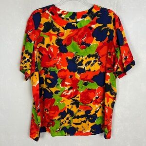 August Max woman plus size 1X blouse 100% silk floral colorful vintage